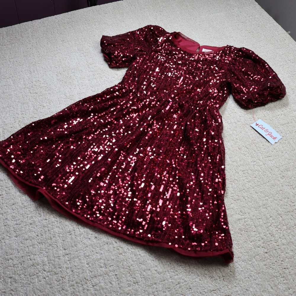 Cat & Jack Girls Red Sequin Short Sleeve Holiday Party Dress Size L 10/12 NWT